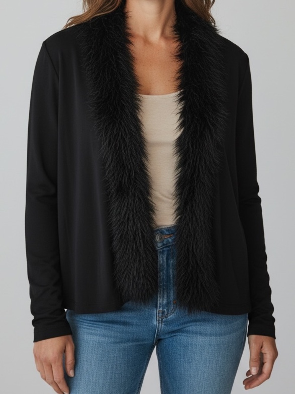 Calvin Klein Black Faux-Fur Trim Open Cardigan